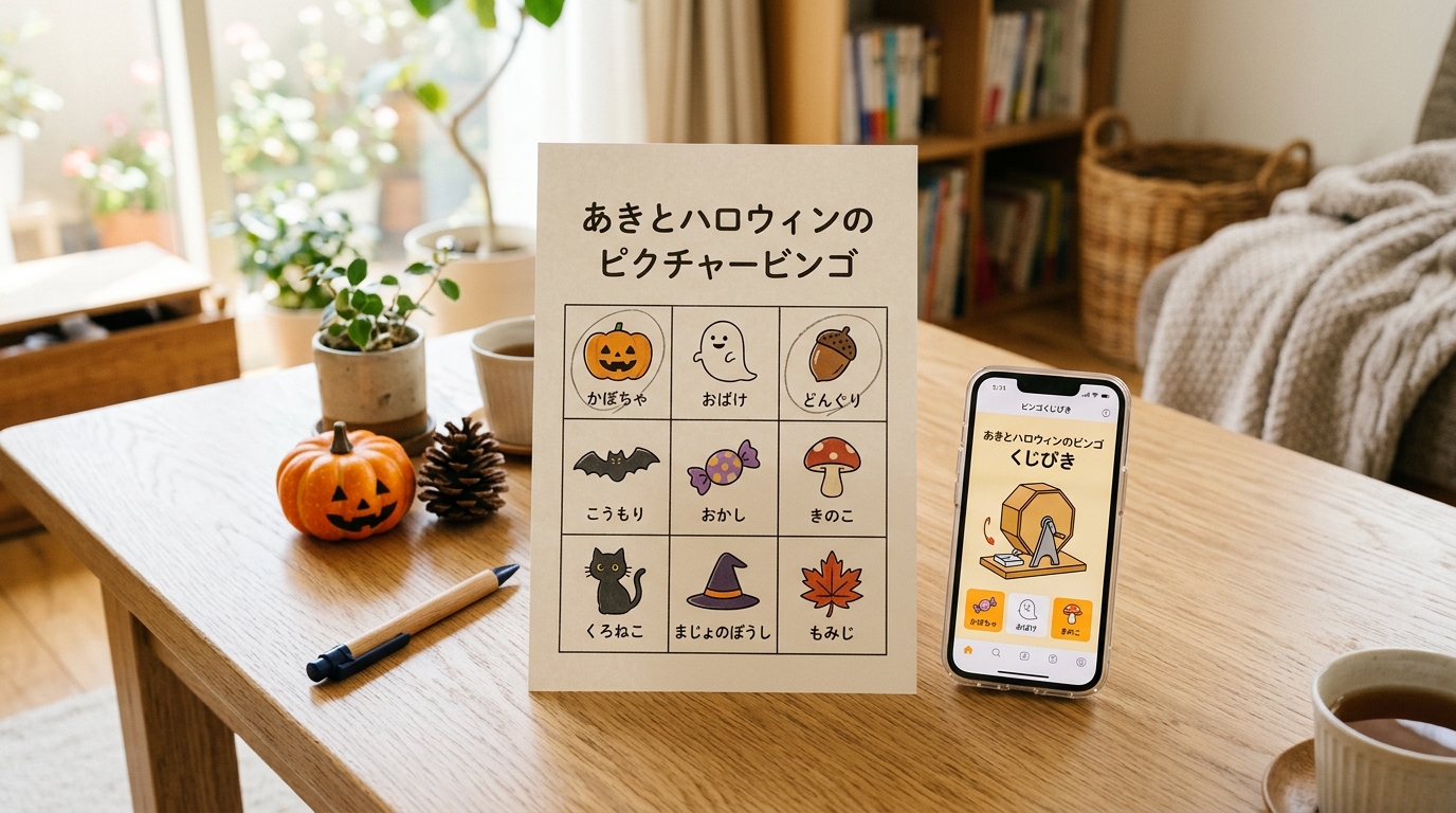 秋とハロウィンの絵ビンゴ 実写モックアップ